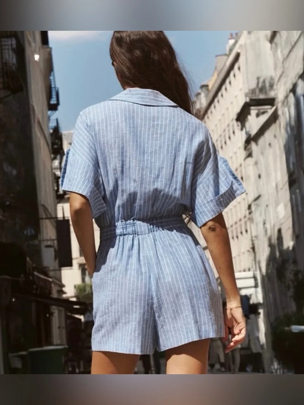 Zara Striped Linen Blend Short Romper Blue White Roll Tab Size Medium